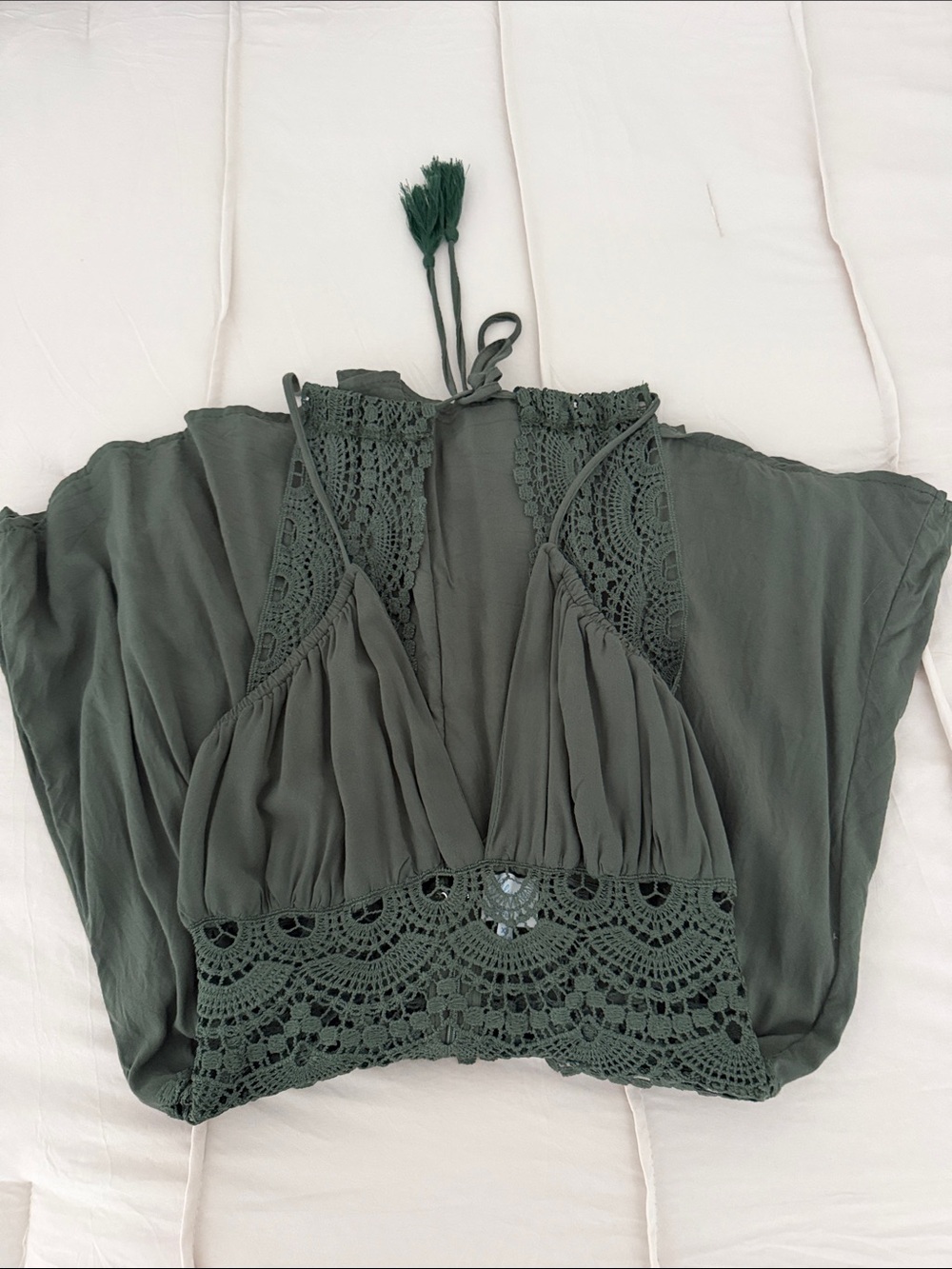 Olive Green Francesca’s Romper with Crochet Waist - Picture 2 of 4